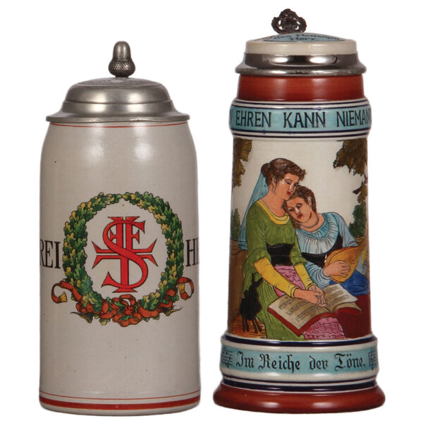 Stoneware steins (two), 1.0L, transfer & hand-painted; with, .5L, etched, by Matthias Girmscheid