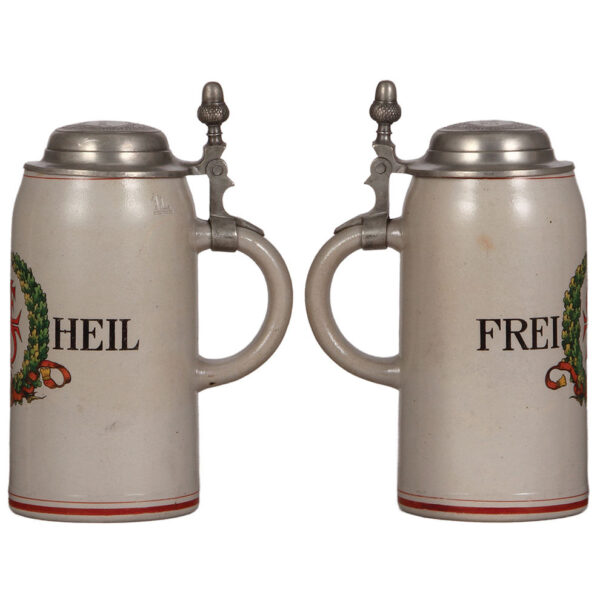 Stoneware steins (two), 1.0L, transfer & hand-painted; with, .5L, etched, by Matthias Girmscheid - Image 2