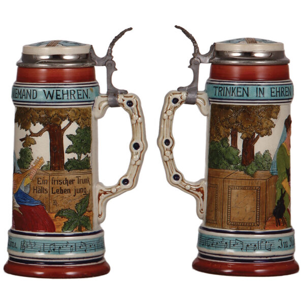 Stoneware steins (two), 1.0L, transfer & hand-painted; with, .5L, etched, by Matthias Girmscheid - Image 3