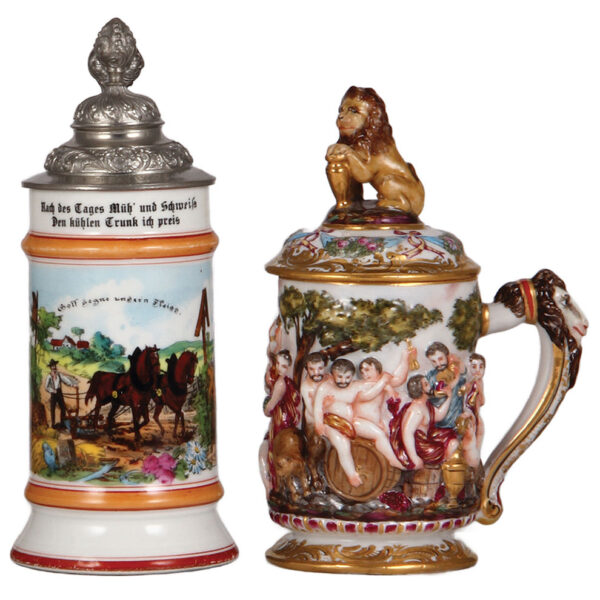 Porcelain steins (two), transfer & hand-painted; with, .5L, Capo-di-Monte