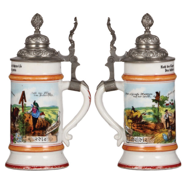 Porcelain steins (two), transfer & hand-painted; with, .5L, Capo-di-Monte - Image 2