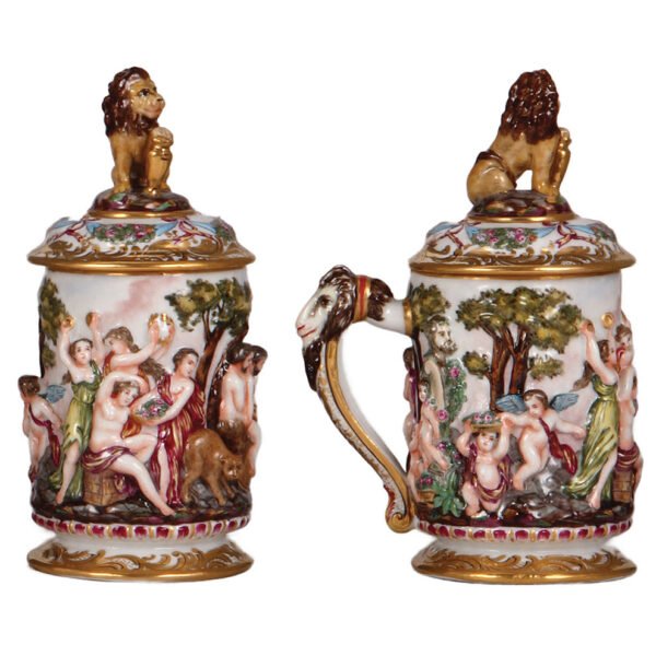 Porcelain steins (two), transfer & hand-painted; with, .5L, Capo-di-Monte - Image 3