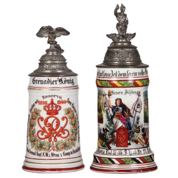 Regimental steins (two), .5L, porcelain, Inft. Regt. Nr. 110; with, .5L, Inft. Regt. Nr. 112