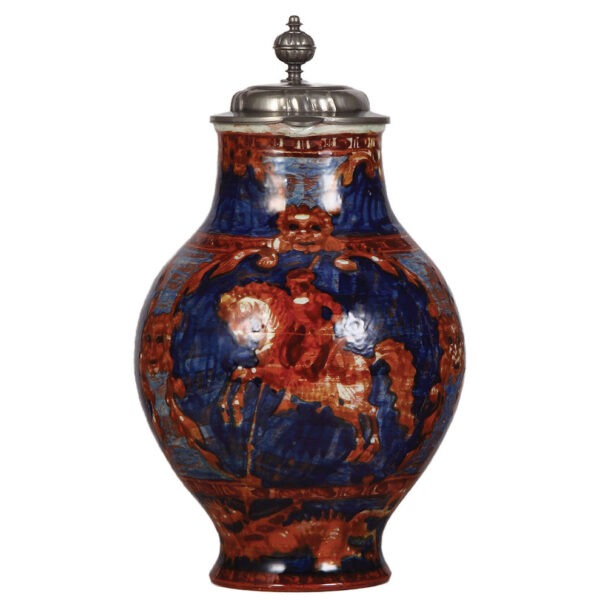 Terra cotta stein, 12.8" ht., Münchener Werkstätten Für Keramik Kunst, St. George
