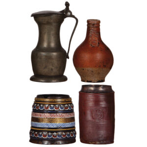 Drinking vessels (four), pewter pitcher, Bartmannskrug, Annaberger Walzenkrug, Raeren