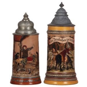 Pottery steins (two), .5L, etched, by Hauber & Reuther
