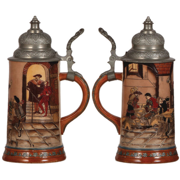 Pottery steins (two), .5L, etched, by Hauber & Reuther - Image 2