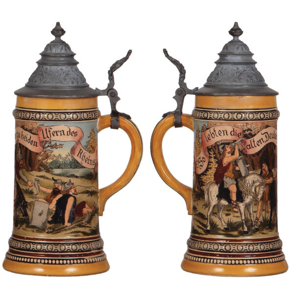 Pottery steins (two), .5L, etched, by Hauber & Reuther - Image 3