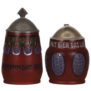 Terra cotta steins (two), .5L, incised, by Dümler & Breiden
