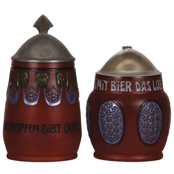 Terra cotta steins (two), .5L, incised, by Dümler & Breiden