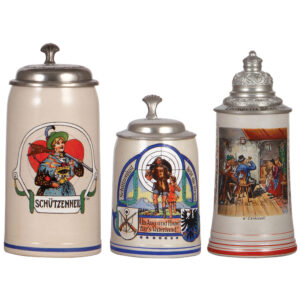 Stoneware steins (three), Schützenheil, William Tell, s'Leibliedl