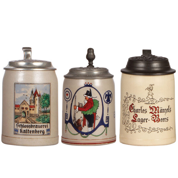 Stoneware steins (three), .5L, transfer, Schlossbrauerei, Kaltenberg, Brau Geschossen, Charles Mänzel's