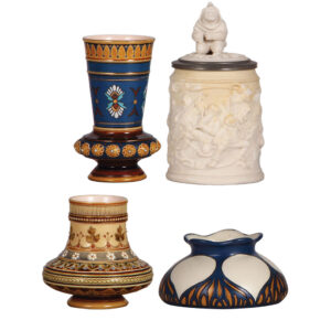 Mettlach items (four), vase,1504, stein, 485, vase, 1317, ashtray 2907