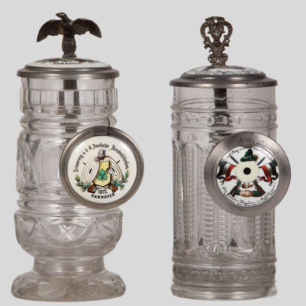 Glass steins (two), .5L, 4. Deutsche Bundesschiessen Hannover 1872;  Jubiläums Schiessen zu Frankfurt a.M. 1887