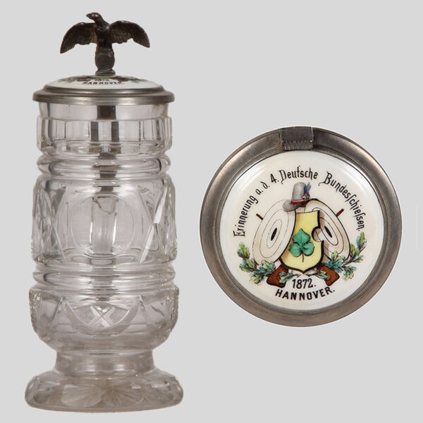 Glass steins (two), .5L, 4. Deutsche Bundesschiessen Hannover 1872;  Jubiläums Schiessen zu Frankfurt a.M. 1887 - Image 2