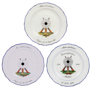 Meissen plates (three), 10.0" d., Meissen crossed swords mark, (shooting festivals)