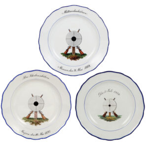 Meissen plates (three), 10.0" d., Meissen crossed swords mark, (shooting festivals)