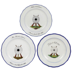 Meissen plates (three), 10.0" d., Meissen crossed swords mark, (shooting festivals)