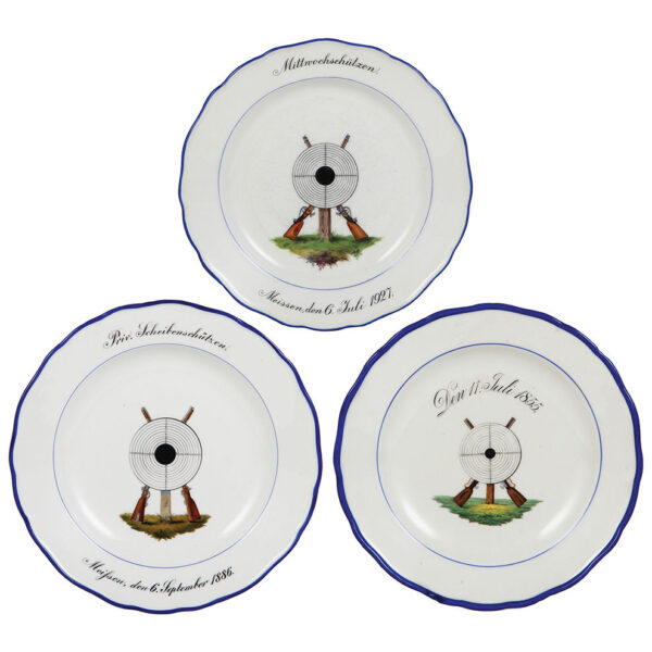 Meissen plates (three), 10.0" d., Meissen crossed swords mark, (shooting festivals)