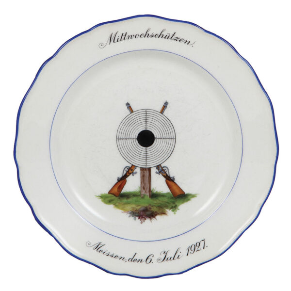 Meissen plates (three), 10.0" d., Meissen crossed swords mark, (shooting festivals) - Image 2
