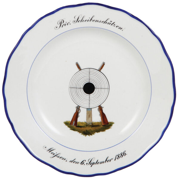 Meissen plates (three), 10.0" d., Meissen crossed swords mark, (shooting festivals) - Image 3