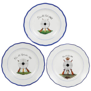Meissen plates (three), 10.0" d., Meissen crossed swords mark, (shooting festivals)