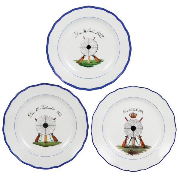 Meissen plates (three), 10.0" d., Meissen crossed swords mark, (shooting festivals)