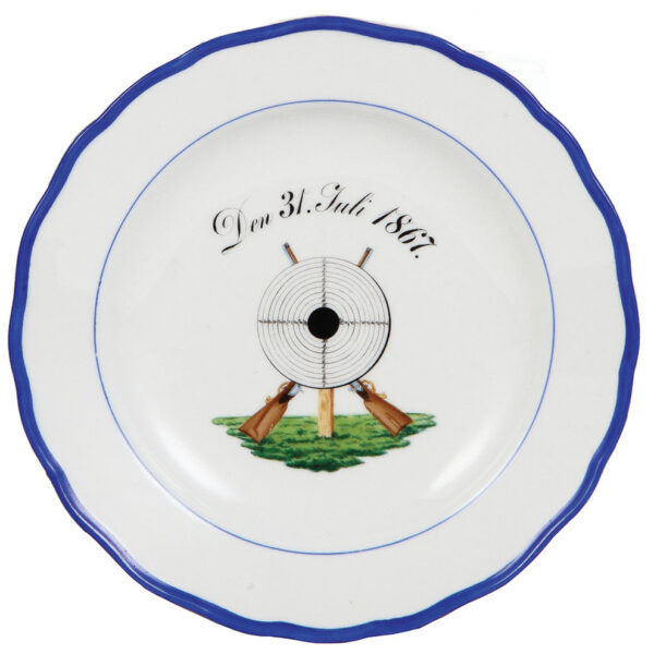 Meissen plates (three), 10.0" d., Meissen crossed swords mark, (shooting festivals) - Image 2