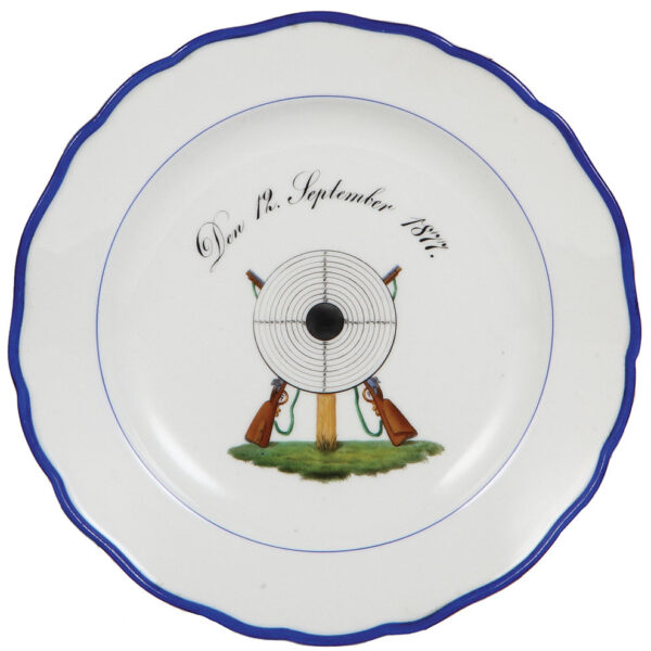 Meissen plates (three), 10.0" d., Meissen crossed swords mark, (shooting festivals) - Image 3