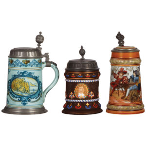 Mettlach steins (three), 1.0L, 5022, .25L, 2527, .5L, 1527,