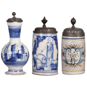 Faience steins (three), 10.6" ht., mid 1700s to late 1700s