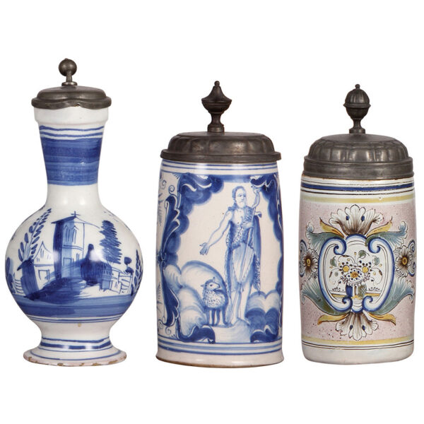 Faience steins (three), 10.6" ht., mid 1700s to late 1700s