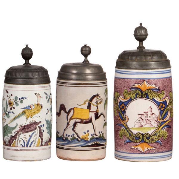 Faience steins (three), 8.8" ht., late 1700s,