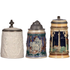 Pottery & stoneware steins (three), Amberg, Dümler & Breiden, New Orleans
