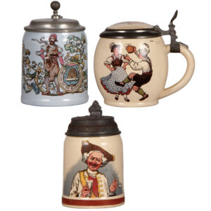 Mettlach steins (three), .5L, 663(1526), .5L, 1280 (3185),  .5L, 1145(1526)