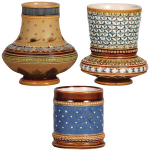 Mettlach items (three), vase, 1316, vase, 3.3" ht., 1318, match holder, 1451