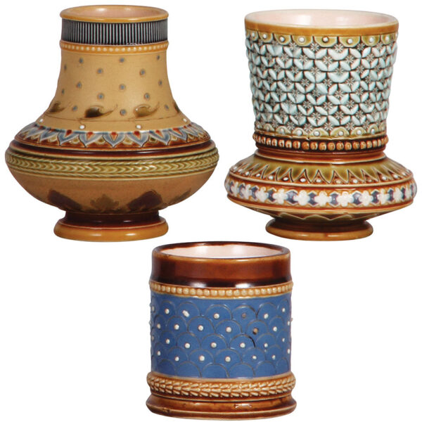 Mettlach items (three), vase, 1316, vase, 3.3" ht., 1318, match holder, 1451