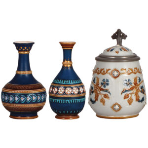 Mettlach items (three), vase, 4.1" ht., 1629, vase, 4.2" ht., 1636, stein, .25L, 1802