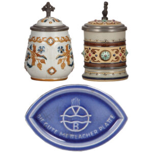 Mettlach items (three), stein, .25L, 1802, stein, .3L, 1084, advertising tray, Die Gute Mettlacher Platte,