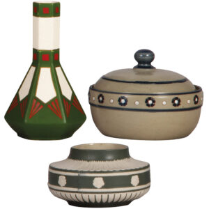Mettlach items (three), vase, 3231, covered bowl, 3452, vase, 3110