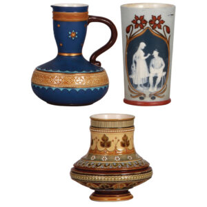 Mettlach items (three), pitcher, 2863, beaker, 2781, vase, 1317