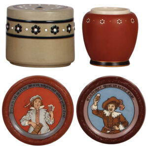 Mettlach items (four), covered bowl, 3451,  jar, 4.1" ht., 3465,  two coasters, 2818 & 2820