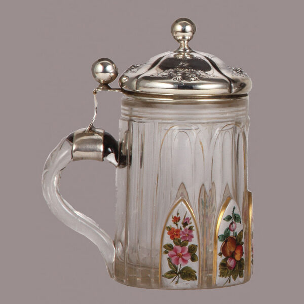 Glass stein, .5L,  five enameled floral panels - Image 3