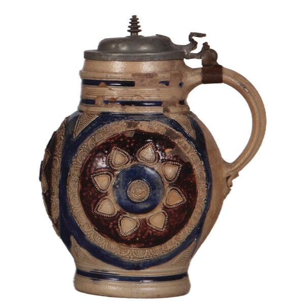Stoneware pitcher, 9.0" ht., late 1600s, Westerwälder Kugelbauchkrug - Image 2