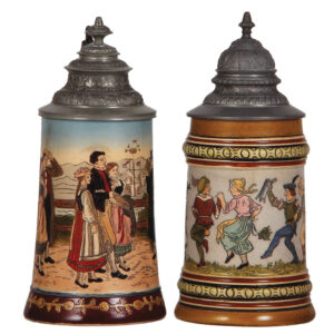 Pottery steins (two), .5L, marked H.R., 154, & H.R., 406, by Hauber & Reuther