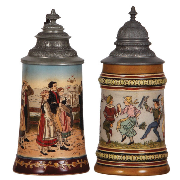 Pottery steins (two), .5L, marked H.R., 154, & H.R., 406, by Hauber & Reuther
