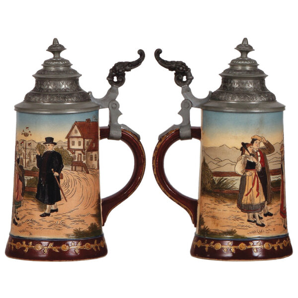 Pottery steins (two), .5L, marked H.R., 154, & H.R., 406, by Hauber & Reuther - Image 2