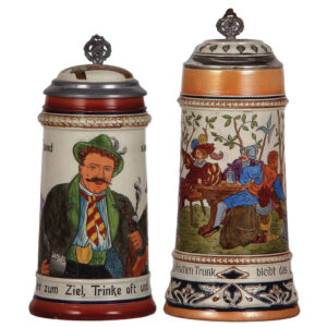 Stoneware steins (two), .5L, etched, marked 1256 & 742, by Matthias Girmscheid