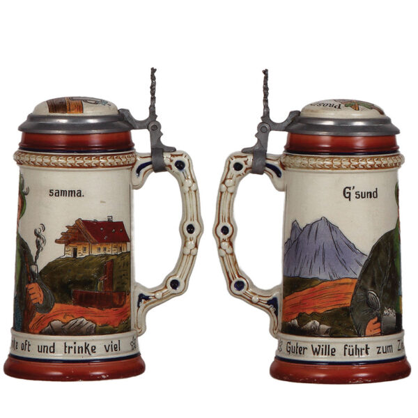 Stoneware steins (two), .5L, etched, marked 1256 & 742, by Matthias Girmscheid - Image 2