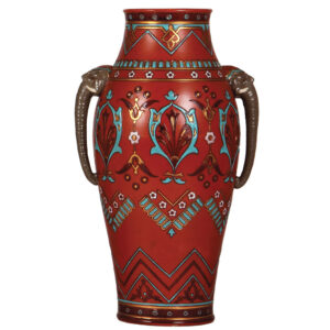 Mettlach vase, 13.5" ht., 1870 with elephant handles